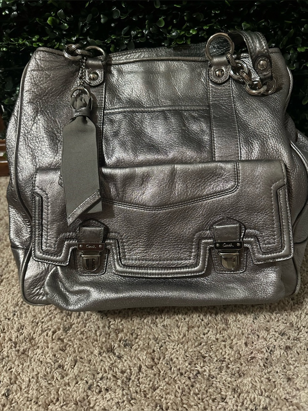 Coach Metallic Pewter Leather Shoulder Bag with Chain Accents